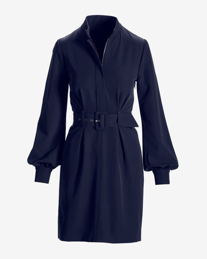 Long Sleeve Crepe Zip Up Dress Navy