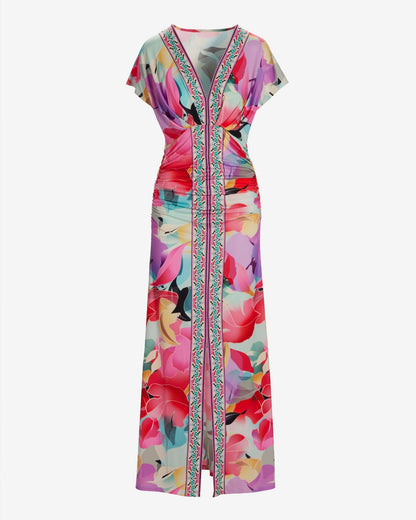 Spring Soiree Border Print Short Sleeve Ruched Ankle Length Dress Spring Soiree